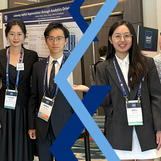 two photos put together with blue chevron pattern in the middle. photo on left is of two people smiling at camera with a poster board presentation in background. photo on right is one person smiling with poster board in background