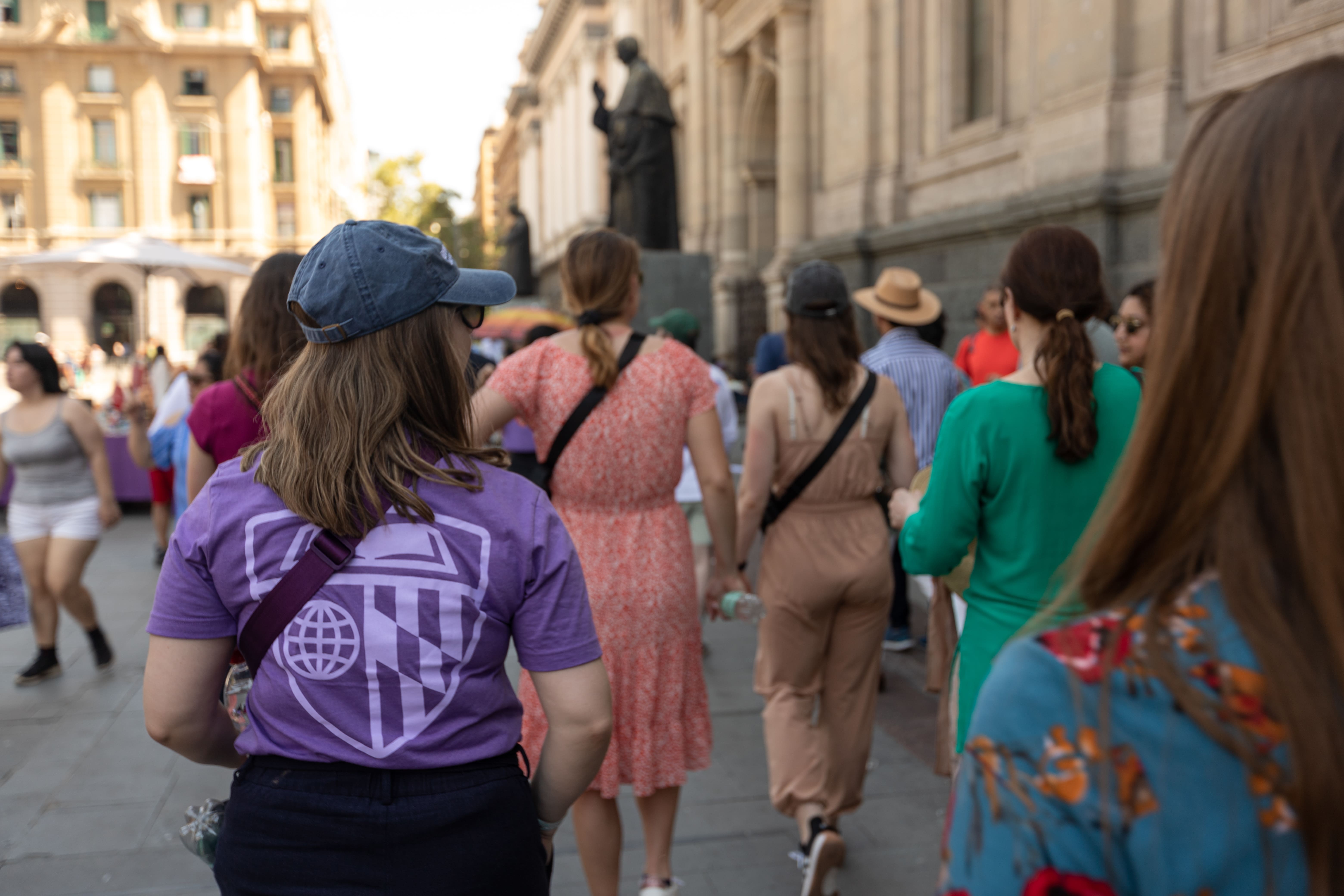 photo taken from the back of people walking outside with the main focus being a purple shirt with the Johns Hopkins Carey Business School shield