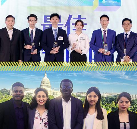 two separate photos put together. top photo has six people smiling. bottom photo has 5 people smiling for photo outside with D.C. capitol building in the background