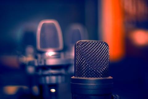 Podcast studio with microphone. Voice recording equipment