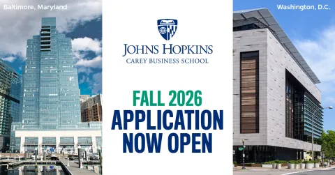 graphic showing carey's baltimore and washington, dc buildings with copy in the middle that says fall 2026 application now open
