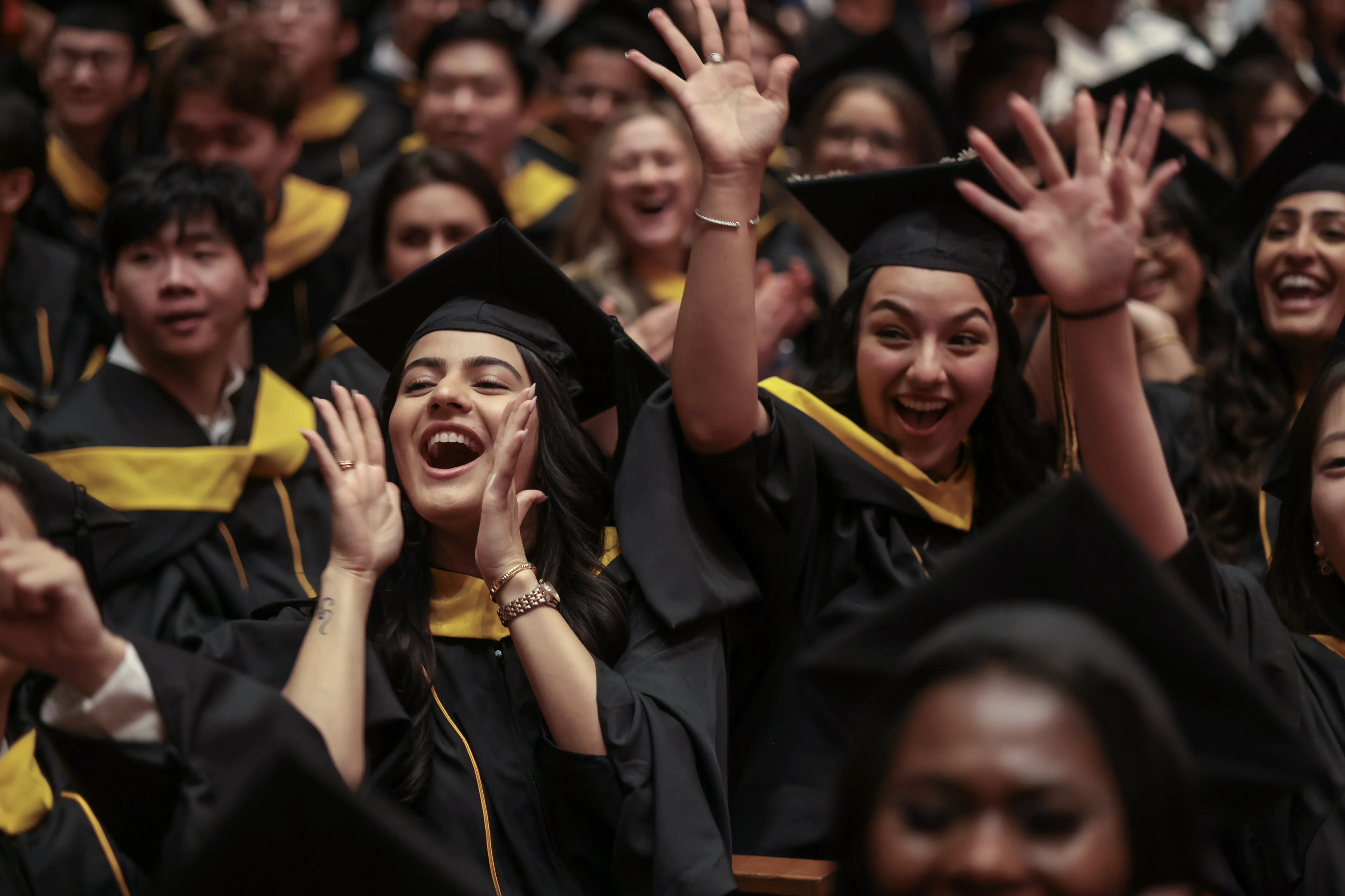 people in a crowd cheering and yelling, dressed in graduation regalia