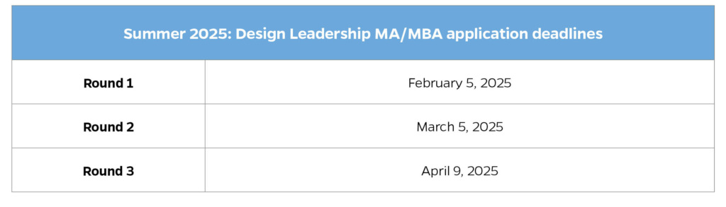 Application deadlines for the Design Leadership MA/MBA program at Johns Hopkins Carey Business School